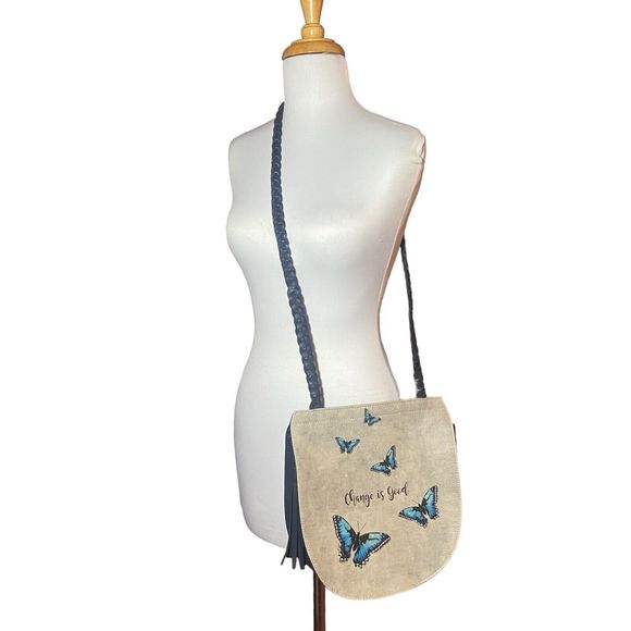 Dogo Women Shoulder Bag Crossbody Change Is Good Grey Blue Butterfly Vegan - Picture 2 of 10